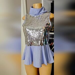 "Zara Trafaluc" Silver Sequin Sleeveless Top with Blue Striped Peplum